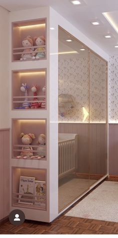 there is a baby's room with toys in the shelves and lights on the wall