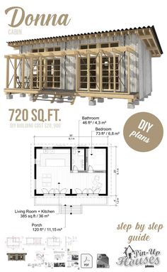 the floor plan for a small cabin with lofts and living areas, including an attached kitchen