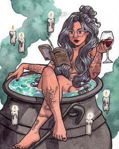 a drawing of a woman sitting in a hot tub with candles around her and reading a book