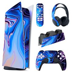 an image of a video game console skin set with headphones and remotes for the nintendo wii