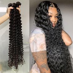 30 Inch Hair, Hair Extensions For Black Women, Extensions For Black Women, Bouncy Hair, Brazilian Hair Weave, Deep Wave Hairstyles, Human Hair Bundles, Deep Curly