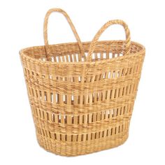 a wicker basket with handles on a white background