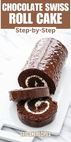 chocolate swiss roll cake on a white plate