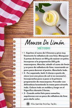 a recipe book with an image of lemons on it and the words mousse de limoon written in spanish