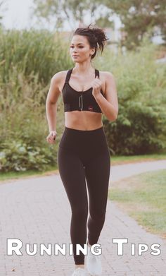 a woman running down a brick road with the words running tips written below her chest