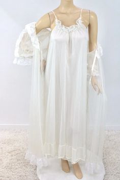 Tosca Long Nightgown Peignoir Robe Set Small Cream Nylon Layers Vintage | eBay Off The Shoulder Nightgown, Cute Nightgowns For Women, Ethereal Nightgown, 1960s Nightgown, Nightgown Romantic, Edwardian Nightgown, Elegant Nightgown, Cute Nightgowns, Wedding Nightgown