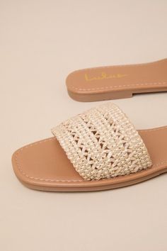 Whether you're beachside or lakeside this summer, you'll be looking cute in the Lulus Andersen Beige Raffia Woven Slide Sandals! These wear-with-anything sandals have a woven raffia upper that shapes a wide vamp strap atop a trendy square footbed. The easy slide-on design makes for effortless, everyday styling for days on the go! 1. 5" rubber heel. Lightly cushioned smooth insole. Felted rubber sole has nonskid markings. Man made materials. Imported. Lulus | Andersen Beige Raffia Woven Slide San Summer Slides, Casual Formal Dresses, Spring Break Outfit, Summer Slide, Lulu Fashion, Woven Raffia, Casual Wedding Dress, Gift Exchange