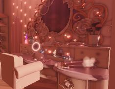 the room is decorated in pink and white with lots of lights on the wall above it