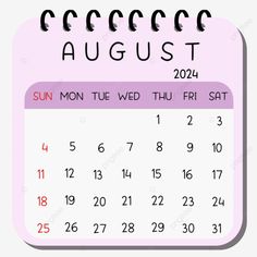 a pink calendar with the month of august on it, transparent background, illustration, design png and psd