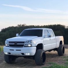 a white truck parked on top of a dirt road next to grass and trees in the background