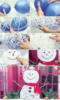 the instructions to make a snowman made out of yarn and plastic balls are shown