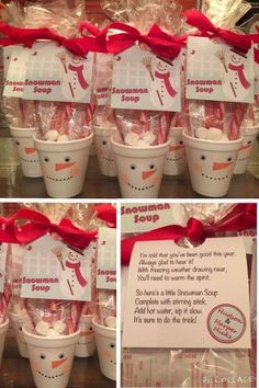 some cups with candy in them and a red ribbon around the top one has a sign that says woman soap on it