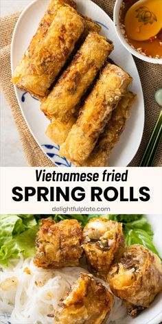 vietnamese fried spring rolls on a plate with dipping sauce