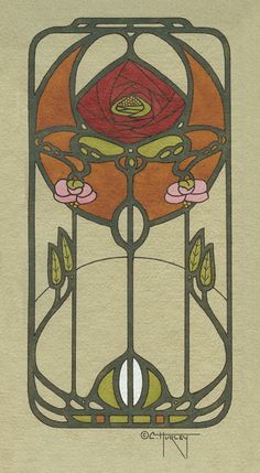 an art nouveau style stained glass window with a rose in the center and leaves on it