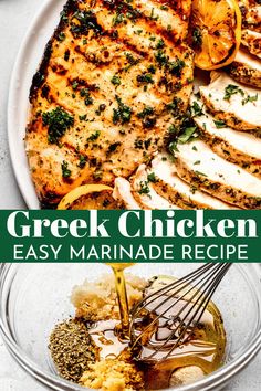 a plate with chicken, potatoes and gravy next to the words greek chicken easy marinade recipe