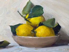 a painting of some lemons in a bowl