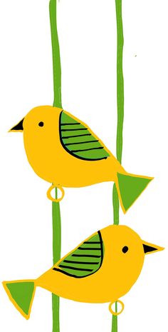 two yellow birds sitting on top of green stems