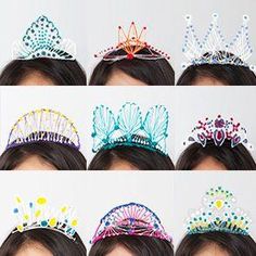 six different types of tiaras are shown in multiple rows, each with various colors