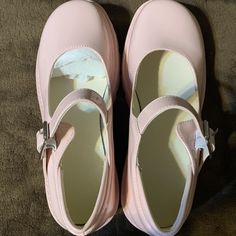 Light Pink Thick Bottom Shoes Brand New Buckles On The Sides. Says Size 39 On The Bottom Not Sure What Size That It. But A Very Pretty Light Pink.Like A Baby Pink. Cute Core Shoes, Pink Mary Jane Shoes, Pink Mary Janes, Kidcore Clothes, Thick Bottom Shoes, Sick Shoes, 80s Shoes, Pink Clothes, Pink Platform