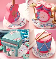 the cake is decorated with musical instruments and music notes