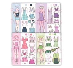 four paper dolls with different outfits and clothes on them, one is wearing a dress