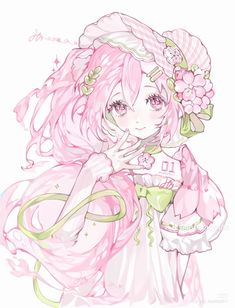 a drawing of a girl with pink hair and flowers on her head, wearing a dress