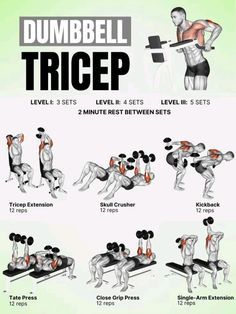 the dumbbell tricep workout routine is shown in this image, and shows how to