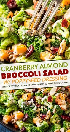 broccoli salad with cranberry almond dressing in a bowl