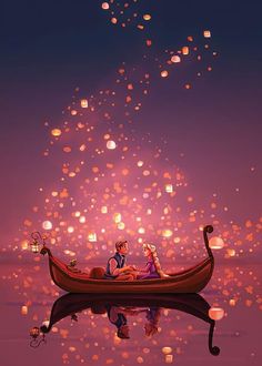 two people in a boat floating on top of the water with lanterns flying above them