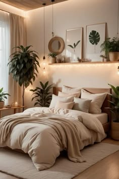 a large bed sitting in a bedroom next to a window with potted plants on it