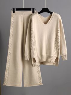 Stylish Loose Long Sleeves Solid Color V-Neck Sweater Tops &  Wide Leg Pants Two Pieces Set APRICOT-One_size Wide Leg Pants Outfit, Knit Two Piece Set, Wide Leg Pant Suit, Tracksuit Outfit, Leg Pants Outfit, Mid Waist Pants, Pantalon Large, Collar Sweater, Loose Sweater