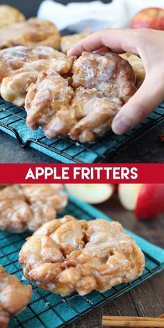 apple fritters on cooling racks with apples in the background and text overlay that reads, apple fritters