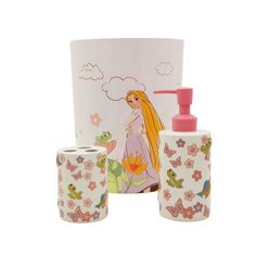 the disney princess bathroom accessories set includes soap dispenser and toothbrush holder