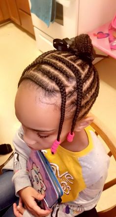 Prek Hairstyles Black, Cornrow In Two Puffs, Braids For Toddler Girls Black, Kids Cornrow Hairstyles Simple, Toddler Cornrow Styles, Kids Cornrow Hairstyles Natural Hair