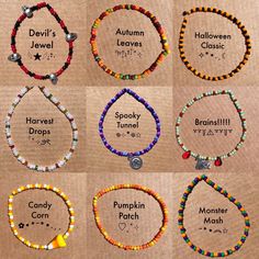 six different bracelets with words on them and charms attached to each beaded strand