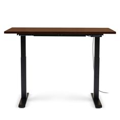 a wooden table with two black legs