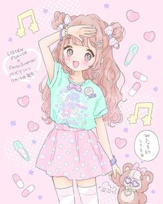 a drawing of a girl with long hair holding her hand up to her head while standing next to a teddy bear