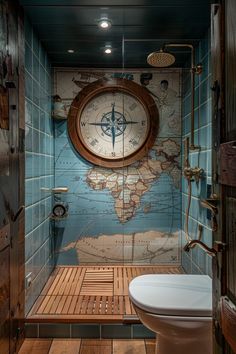 a bathroom with a map on the wall