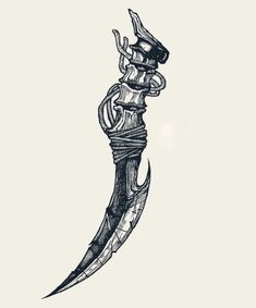 a drawing of a long knife with an intricate design on it's end and the blade