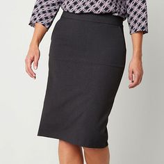 This Liz Claiborne women's pencil skirt is a classic style choice for a day of meetings or a casual event. Cut from smooth stretch-twill, this midi-length style has a flat front waist with a back zip closure. Complement it with a fine-knit sweater or blouse.Front Style: Flat FrontFeatures: Stretch FabricClosure Type: ZipperClosure Location: BackRise: Mid RiseApparel Length: 26 InchesFiber Content: 75% Polyester, 19% Rayon, 6% ElastaneFabric Description: Twill, WovenLining: LinedSkirt Length: Kne Tailored Lined Pencil Skirt For Office, Classic Fitted Midi Pencil Skirt, Tailored Pencil Skirt For Office, Classic Lined Pencil Skirt For Business Casual, Classic Pencil Skirt With Relaxed Fit, Office Lady Pencil Mini Skirt With Lining, Classic Lined Mini Pencil Skirt, Classic Lined Pencil Mini Skirt, Classic Office Pencil Skirt With Lining