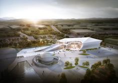 an artist's rendering of a building in the middle of a lake with people walking around it