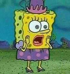 the spongebob is wearing a pink hat and purple dress