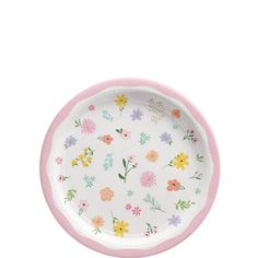 a pink and white paper plate with colorful flowers on the rim, against a white background