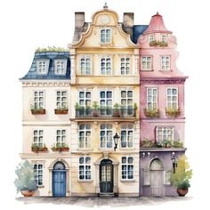 a watercolor painting of several buildings with windows and balconies on each floor