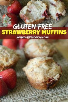 gluten free strawberry muffins with fresh strawberries on top and in the background