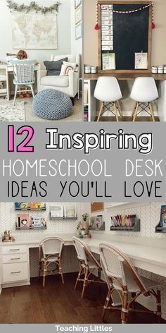 there are several pictures with the words 12 inspireing homeschool desk ideas you'll love