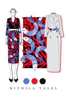 an illustration of a woman's dress and coat with fish on the front, in red, blue, black and white