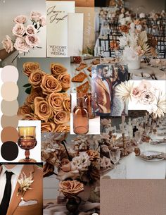 a collage of photos with flowers, candles and other things in them that are brown