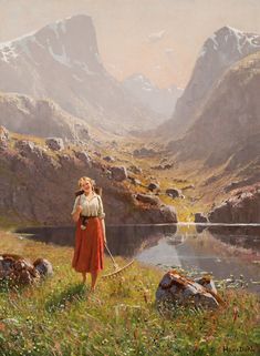 a painting of a woman standing in front of a mountain lake