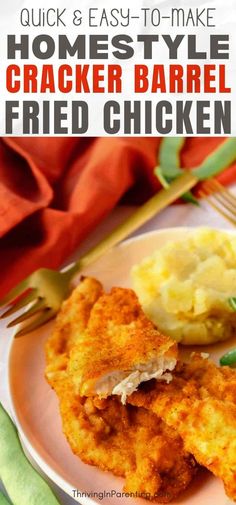 a white plate topped with fried chicken and mashed potatoes